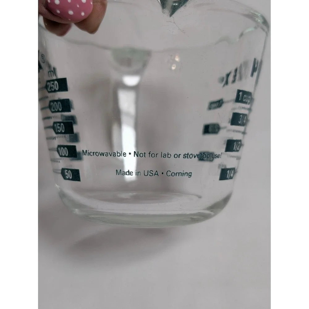 VTG Pyrex 1 Cup 8oz 250ml Glass Measuring Cup Green/Blue Lettering USA Corning